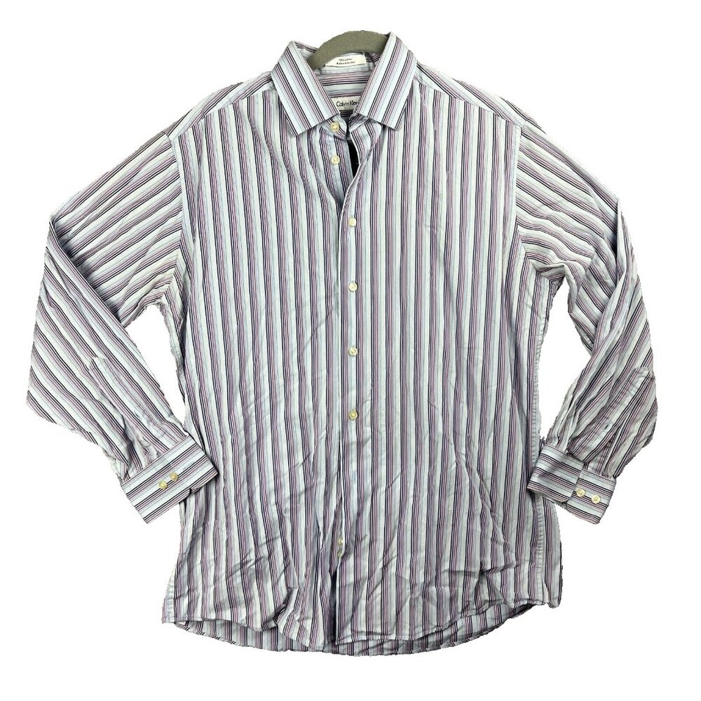 Calvin Klein Striped Button-Down Dress Shirt Size 16 32/33 Neck Long Sleeve
